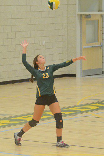SENIOR CAPTAIN Allison D'Orlando serves up a point as the Lady Hornets took on the Lynnfield Pioneers in North Reading's new gymnasium. (John Friberg Photo)