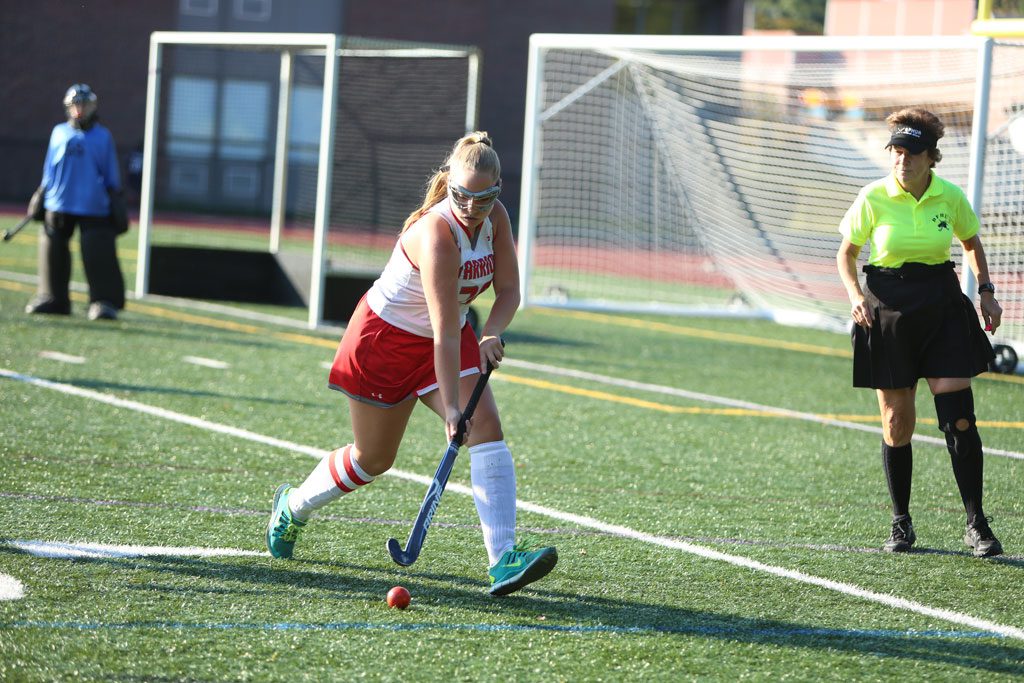 HAYLEY KADDARAS, a senior captain, takes possession of the ball during a recent game. The Warrior field hockey team posted a 5-3 triumph over Stoneham yesterday morning at Beasley Field. (Donna Larsson File Photo)