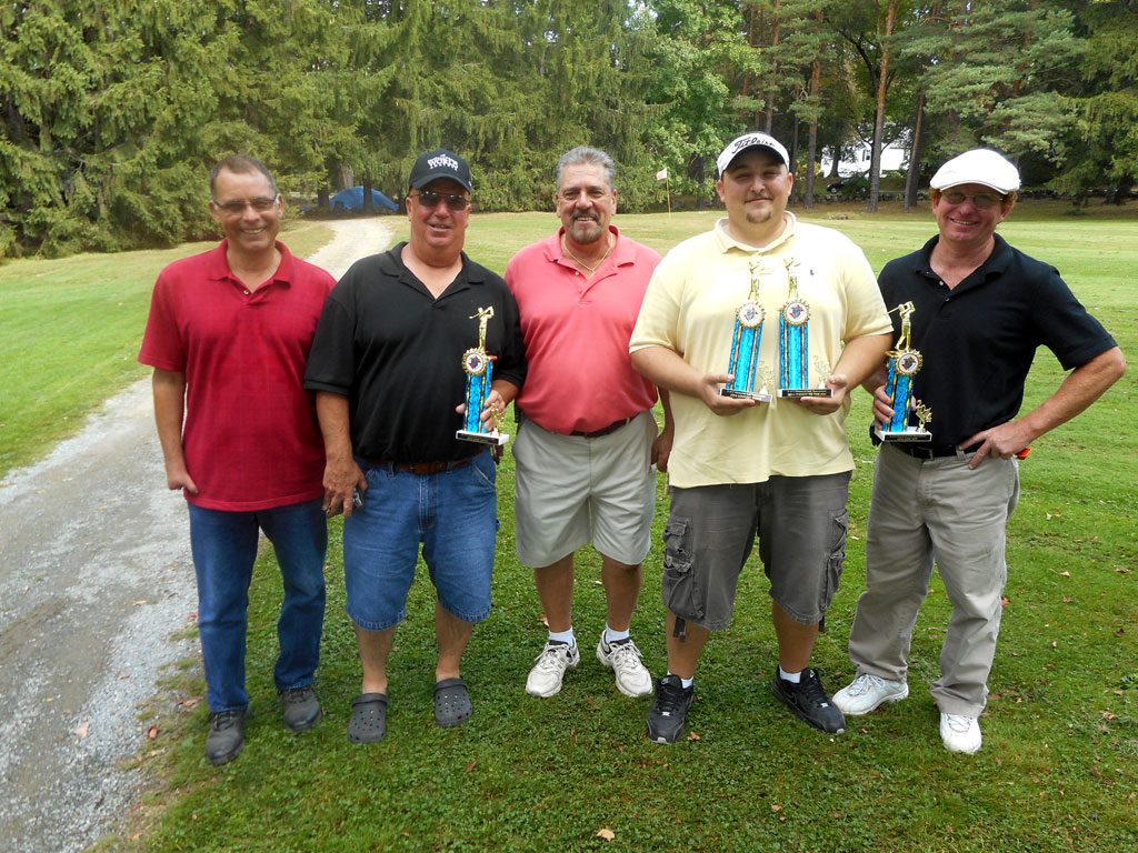 WINNERS AT the K of C’s Memorial Golf Tournament (L to R) were Tim Green, Jeff Nardone, Chairman Joe Lewon, Mike Farris and Butch Costello. (Bob Curran Photo)