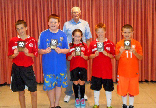 THE KNIGHTS of Columbus Soccer Challenge winners are pictured with their plaques. In the front (L to R) are Lucas Pastore, Liam Cosgrove, Jessica Maffe, William Townshend and Finn Wilson. Standing in back is the K of C Soccer chairman, Bob Curran.