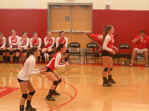 THE MELROSE Lady Raider volleyball team may have lost their first game of the season against State Champion Notre Dame of Hingham but they bounced back with a 3-1 win over Division 1’s Central Catholic on Monday. Melrose is 10-1 overall and undefeated in the Middlesex League.  (Jennifer Gentile photo) 