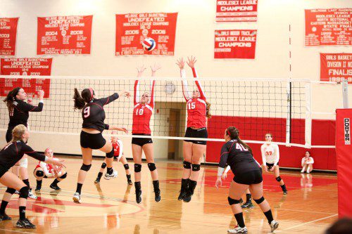 THE MELROSE Lady Raider volleyball team is blowing by competition as they near the end of their regular season. Melrose, at 18-1, should enter Division 2 North playoffs as the #1 seed. (Donna Larsson photo) 