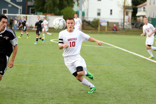 NEIL FITZGERALD, a senior captain, scored a goal and assisted on another as the Warrior boys’ soccer team blasted Stoneham, 7-0, last night at Walton Field. (Donna Larsson File Photo)