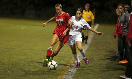 JILLIAN RASO (left) had two goals and an assist in Wakefield’s win over Watertown last week. The Warriors also beat Stoneham and lost to Wilmington as they are now 6-7-1 on the season. (Donna Larsson File Photo)