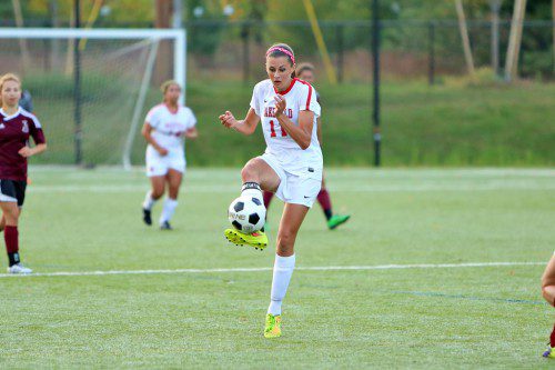 JILLIAN RASO, a senior captain, scored the first goal for the Warrior girls’ soccer team as it went on to stun Middlesex League Liberty division power Belmont by a 4-1 score yesterday afternoon at Walton Field. (Donna Larsson File Photo)