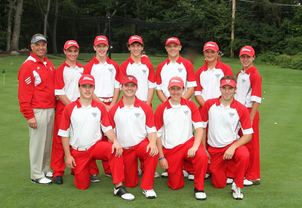THE WMHS golf team finished sixth at the Div. 2 North sectional qualifier yesterday at the Far Corner Golf Course. The Warriors had a score of 338. In the front row (from left to right) are Steven Melanson, Dylan Melanson, Kevin Lamattina and Stephen Marino. In the back row (from left to right) are Coach Dennis Bisso, Tim Hurley, David Melanson, Austin Collard, Kevin Murray, Michael Guanci and Justin Sullivan. Steve Melanson, Dylan Melanson, Hurley, David Melanson, Collard, and Guanci were the six golfers that played yesterday. (Donna Larsson File Photo)