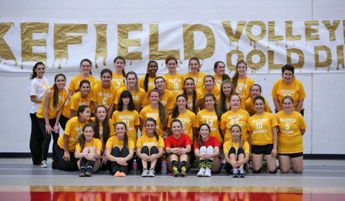 THE WMHS girls’ volleyball team raised over $1,000 for the Ronan Thompson Foundation in its Be Bold, Go Gold fundraiser last night at the Charbonneau Field House in its match against Melrose. (Donna Larsson Photo)