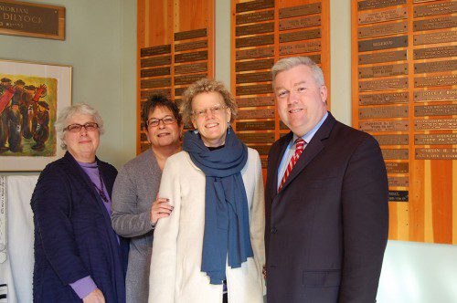 FROM THE LEFT ARE Nancy Kukura, Paula Emelock and Dorothy Travis of the Temple Beth Shalom Sisterhood and Mayor Robert J. Dolan.
