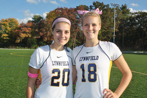 PIONEER field hockey senior co-captains Lauren McGrath (left) and Bailey Fanikos have led the Blue and Gold to a 16-1-2 season as they enter the Div. 2 North semifinals Thursday night against Weston at Reading High. Game time is 5:30 p.m.      (Maureen Doherty Photo)