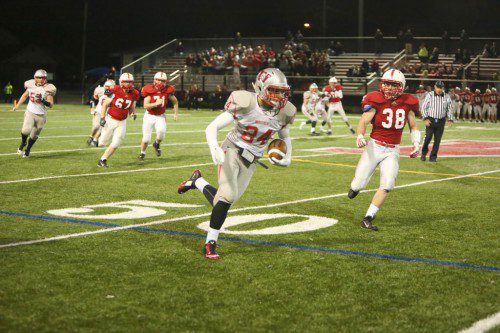 SENIOR TE Dylan Brady (#24) had four catches for 67 yards and had a strong game on offense for the Warriors. Wakefield was blanked, however, by a 24-0 score against Melrose on Friday night in a Div. 3 Northwest quarterfinal game at Fred W. Green Field. (Donna Larsson Photo)