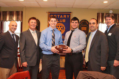 THE WAKEFIELD Rotary Club hosted the Warrior head football coach, captains and WMHS administrators for a luncheon before the 55th annual Thanksgiving Day Classic against Melrose. From left to right are WMHS Principal Rich Metropolis, Head Coach Mike Boyages, co-captains Luke Martin and Joe DiFazio, Superintendent of Schools Dr. Stephen Zrike and Rotary President Bob Mailhoit. (Donna Larsson Photo)