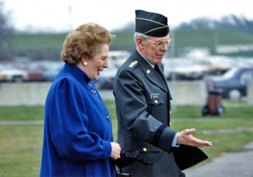 TOP U.S. ALLIES in Europe were always interested in what Gen. John R. Galvin had to say. Among them was Prime Minister Margaret Thatcher of Great Britain. (Photo courtesy of Mark Curley)