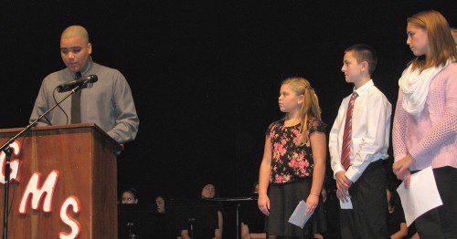 GALVIN MIDDLE SCHOOL students spoke during Saturday night’s rededication in retired Gen. John Galvin’s honor. From the left are 8th grader George Rossi, 5th grader Allida Kelliher, 6th grader Matthew Cunningham and 7th grader Melanie Benedetto. (Mark Sardella Photo)