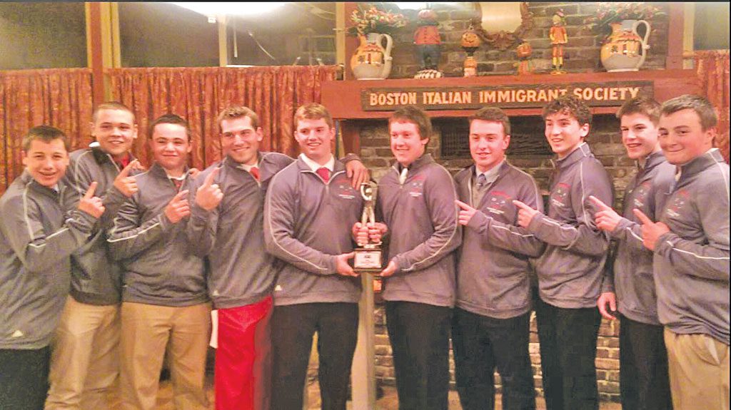 THE WARRIOR golf team was crowned Middlesex League Freedom division co-champions and the squad celebrated its accomplishment at the recent team banquet. From left to right are Justin Sullivan, Kevin Murray, Timmy Hurley, Stephen Marino, captain Dylan Melanson, captain Kevin Lamattina, Steven Melanson, Austin Collard, David Melanson and Mike Guanci.