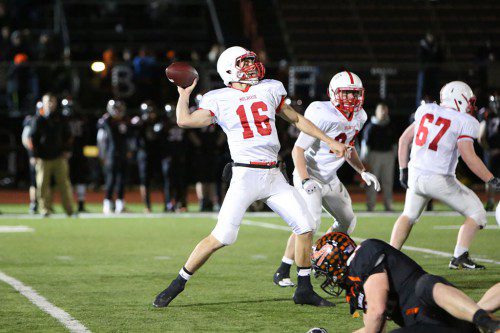 THE RED RAIDER football team is primed for the Div. 3 North State Semifinals this Saturday, Nov. 22 against Tewksbury at Cawley Stadium in Lowell at 4:15 p.m. Senior quarterback Jake Karelas will help lead the 2014 Div. 3 Northwest champ Melrose team in a game that will determine who goes to Superbowl. (Donna Larsson photo) 