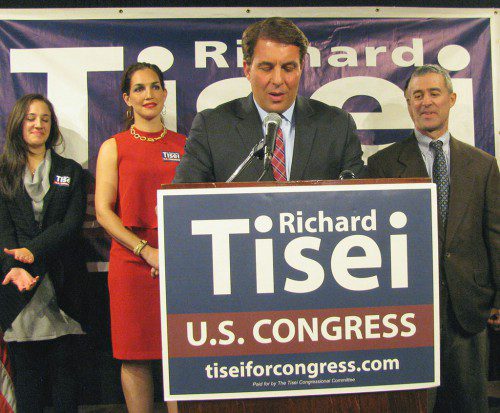 WAKEFIELD REPUBLICAN RICHARD TISEI concedes victory to Seth Moulton Tuesday night at the Kowloon in Saugus. They were vying to represent the North Shore in Congress. (Mark Sardella Photo)