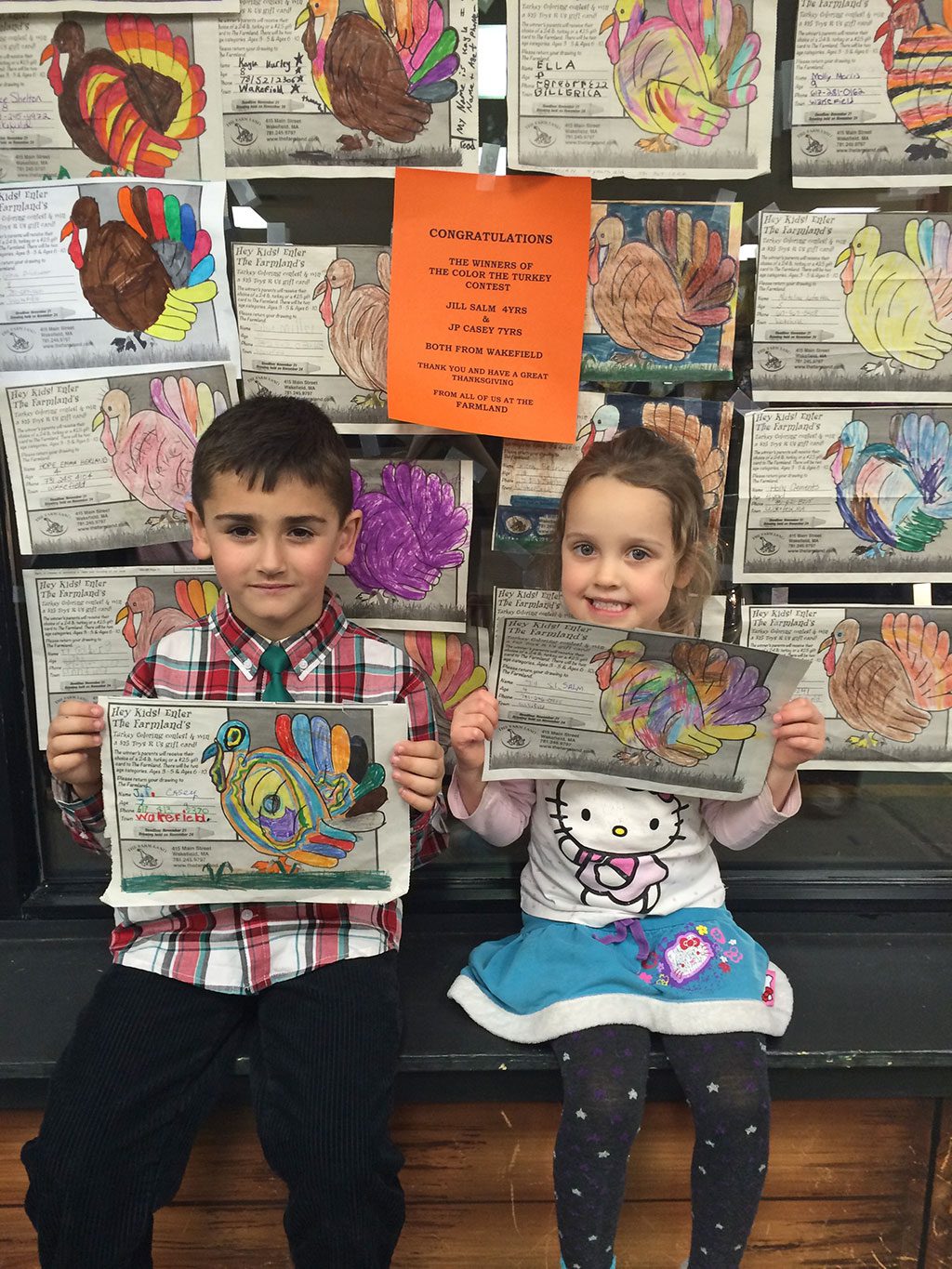 THE FARMLAND sponsored its first-ever turkey coloring contest in our newspaper for kids ages 3 to 5 and 6 to 10. All entries were placed on the windows of the store for all to see in the days leading up to Thanksgiving. Jill Salm, 4, and JP Casey, 7 — both from Wakefield — won in their respective categories. Congratulations to them and everyone else who participated. 