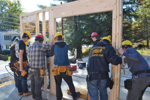 JUNIORS IN THE Northeast Metropolitan Regional Vocational School’s carpentry program begin framing a house.