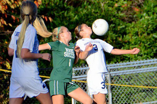 NOSE TO NOSE. Both Hornet junior Katie Welch and her Hamilton–Wenham opponent both show a nose for the ball in last week's game. (John Friberg Photo) 