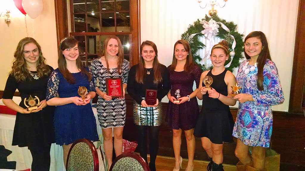 THE WMHS girls’ swim team recently held its awards banquet and presented several awards. From left to right are Kim Green (Coaches Award), Abby Carney (Unsung Hero), Shannon Quirk (MVP, Team Record Breaker, State Champion 500 Free), Taylor Guarino (Most Improved), Gianna Tringale (Spirit Award), Caroline Sweeney (Rookie Stand-Out) and Brigid Scanlon (Captains Award).
