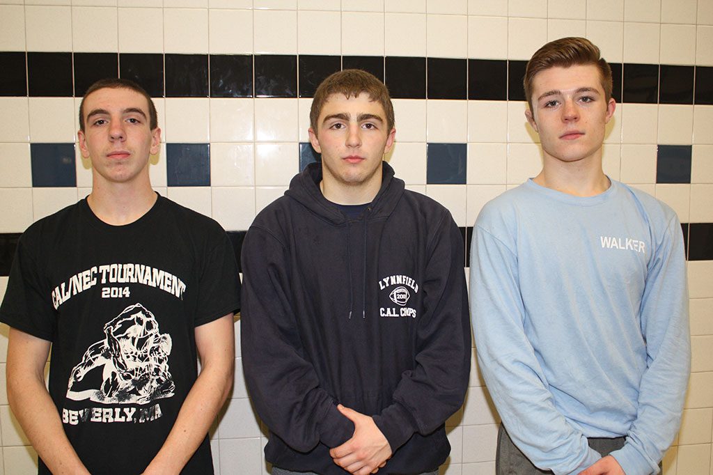 THE LYNNFIELD-NORTH READING co-operative wrestling captains for the 2014-2015 season are, from left, North Reading wrestler Joe Morse, Lynnfield wrestler Lucas Pascucci and Lynnfield wrestler Dominic Monzione.  (Dan Tomasello Photo)