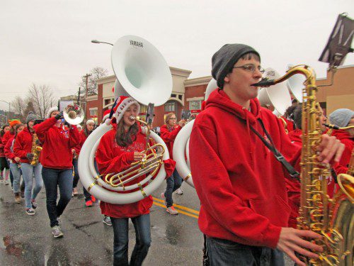 THE Wakefield Memorial High School Marching Band played “Joy to the World” as they made their way down Main Street during the Holiday Stroll Hat Parade on Saturday. For more on the Holiday Stroll, see page 11. (Gail Lowe Photo)