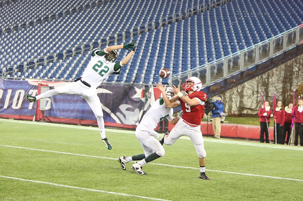 IT WAS a highlight reel moment for Melrose's Mike Pedrini when he caught this bomb from Melrose quarterback Jake Karelas at the Div. 3 Superbowl at Gillette Stadium. It set up Melrose's only touchdown in the 14-7 loss.  (Donna Larsson photo) 