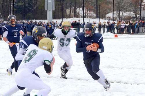 JAKE ROURKE (6) scores the game's final TD on this run, completing Lynnfield's 35-0 shut out in the 56th annual Thanksgiving Day game against North Reading. (John Friberg Photo)