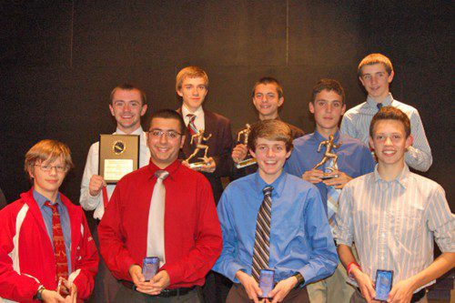 AWARDS WERE presented at the recent WMHS boys’ cross country banquet. In the front from left to right are Chris Skeldon (Most Improved), Eddie Massabni (Leadership Award), Alec Rodgers (Most Dedicated) and Jack Stevens (Unsung Hero). In the back from left to right are Jackson Gallagher (Most Outstanding Runner), Ryan Sullivan (Outstanding Sophomore), Matt Greatorex (Outstanding Freshman), Rich Custodio (Outstanding Junior) and Robert Shaw (Outstanding Freshman).