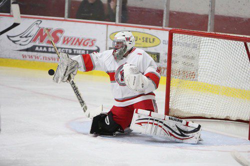 JUNIOR GOALIE Ben Yandell made 30 saves and was stellar in net as the Warrior boy’s hockey team played defending Div. 1 state champion Reading to a 0-0 tie on Saturday night at the Kasabuski Arena. (Donna Larsson File Photo)