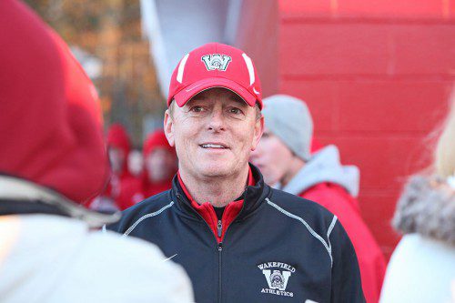 MIKE BOYAGES coached his last Warrior football game on Friday as it was announced at halftime that he was retiring. The Warriors dropped Boyages’ final game by a 15-14 score against Melrose at Landrigan Field. (Donna Larsson Photo)