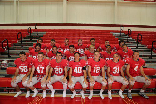 THERE WERE 23 sophomores on the Warrior football roster, many of whom played JV this past fall. In the front row (from left to right) are C.J. Wixon, Brad Safner, Will Shea, PJ Iannuzzi, Pat Leary, Ryan Murray and Alex McKenna. In the second row (from left to right) are Anthony Denham, Mike Powers, Carmen Sorrentino, Brendan O’Callahan, Ben Thompson and Kobe Nadeau. In the third row (from left to right) are Dan MiMeglio, Conor Gregson, Cole Mottl, Joe Connell, Tom Hayes, Matt Murdocca and Devin Shaw. Missing from the photo are Ben Piercy, Bailey Ritter, and Joe Marinaccio. (Donna Larsson Photo)