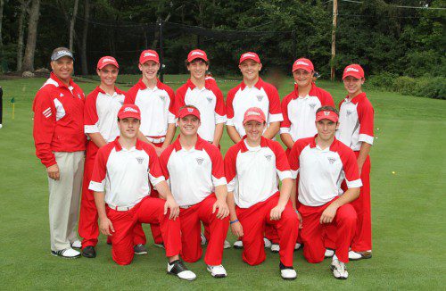 THE WARRIOR golf team was crowned Middlesex League Freedom division co-champions and had one of its best seasons ever. In the front row (from left to right) are Steven Melanson, Dylan Melanson, Kevin Lamattina and Stephen Marino. In the back row (from left to right) are Coach Dennis Bisso, Tim Hurley David Melanson, Austin Collard, Kevin Murray, Michael Guanci and Justin Sullivan. (Donna Larsson File Photo)