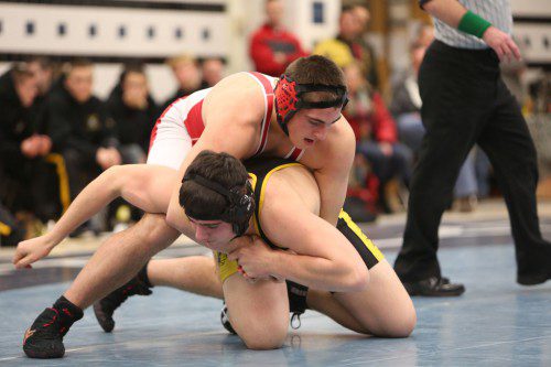 DAN WENSLEY, a senior tri-captain, returns to wrestle at 195 and is one of the top wrestlers in the Middlesex League. Wensley also had a terrific showing in sectionals, the Div. 3 State Meet, All-State Meet and New England Meet. (Donna Larsson File Photo)