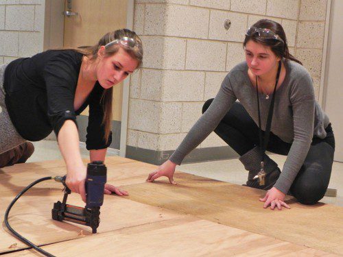 SET DESIGN. NRHS juniors Carol Ann Nitzsche and Colleen O’Brien are hard at work building sets for the Masquers Club’s upcoming production of “Peter Pan.”  (Courtesy Photo)