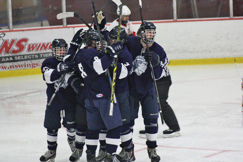 THE HOCKEY TEAM had plenty of reasons to celebrate after the Pioneers defeated Pentucket-Georgetown 4-2 on Jan. 10. (Dan Tomasello Photo)
