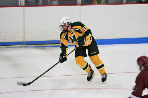SOPHOMORE DEFENSEMAN James Doran scored his first goal of the season in North Reading’s 3–2 victory over Gloucester recently. (Stephanie Tannian Photo)