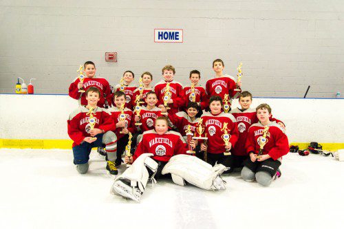 WAKEFIELD Youth Hockey’s Squirt 1 hockey team was crowned the champion of the Tri Town Winter Classic. In the front row was goalie and MVP of the the tourney, Cam Wyner. In the middle row (left to right) are Michael Leary, Andrew Almquist, Michael Parent, Bobby DeFeo, Tyler Sandonato, Nick Knowles and Matt Elwell. In the back row (left to right) are Jake McArthur, Chris Vacca, Joe Colliton, Ryan McGann, Rowan Mondello and Nick Wesley. Not in the photo are coaches Chris DeFeo, Kevin Wesley and Mike Mondello.