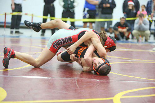 SHANNON DRAGER, a junior (left), posted two victories in the South Hadley Dual Meet Tournament on Saturday. Drager won one match at 120 by pin against Hampshire Regional’s Julia Laplante and she accepted a forfeit at 126 in the meet against Southwick. (Donna Larsson File Photo)