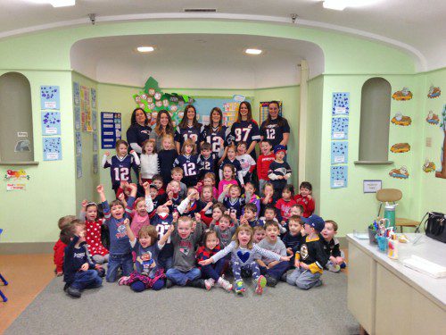 SAINT JOSEPH SCHOOL’S Early Childhood Program celebrated Catholic Schools Week by supporting the New England Patriots as they prepared to play in last night’s Super Bowl. That support went a long way, as the Patriots beat Seattle 28-24 for the franchise’s fourth NFL title. In the back row from the left are teachers Mrs. Michele Sorabella, Miss Chantelle Cotter, Miss Ellen Boodry, Miss Brittney Campbell, Miss Ashley Williams and Miss Mary Kate Roberts.