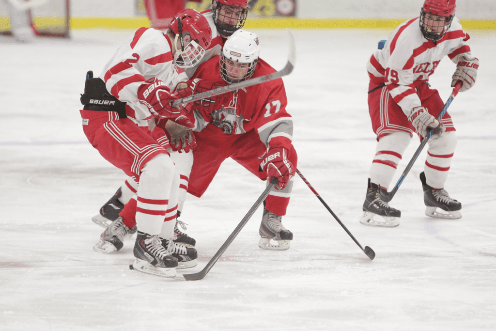 NICK HILL, a senior forward (#17), and eight other seniors played their final game in a Warrior uniform. Despite a good effort, Wakefield dropped a 3-1 game against Watertown. (Donna Larsson File Photo)