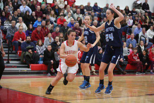 SENIOR GUARD Nicole Galli is the floor general for the Warrior offense from the point guard position. The WMHS girls’ hoop team will be seeking to upset second-seeded Pentucket tonight in a Div. 2 North quarterfinal game at Pentucket Regional in West Newbury. (Donna Larsson File Photo)