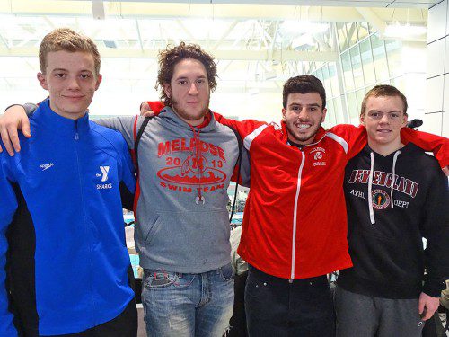 THE MHS Red Raider 200-Yard Medley Relay team of Ben Fiesel, Hudson Rubbins, Jack Steinberg and Joe Connolly (pictured l-r) will compete at the MIAA All States this weekend. The team is coached by Richard Whitworth and Vicky Brienza. (courtesy photo)