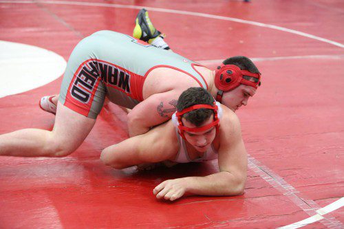 ALEX KANE, a senior, tied at WMHS school record for victories with 139 with his third place showing at the 220 weight class in the Middlesex League Tournament. Kane went 3-1 and set the new standard in Wakefield’s next meet. (Donna Larsson File Photo)