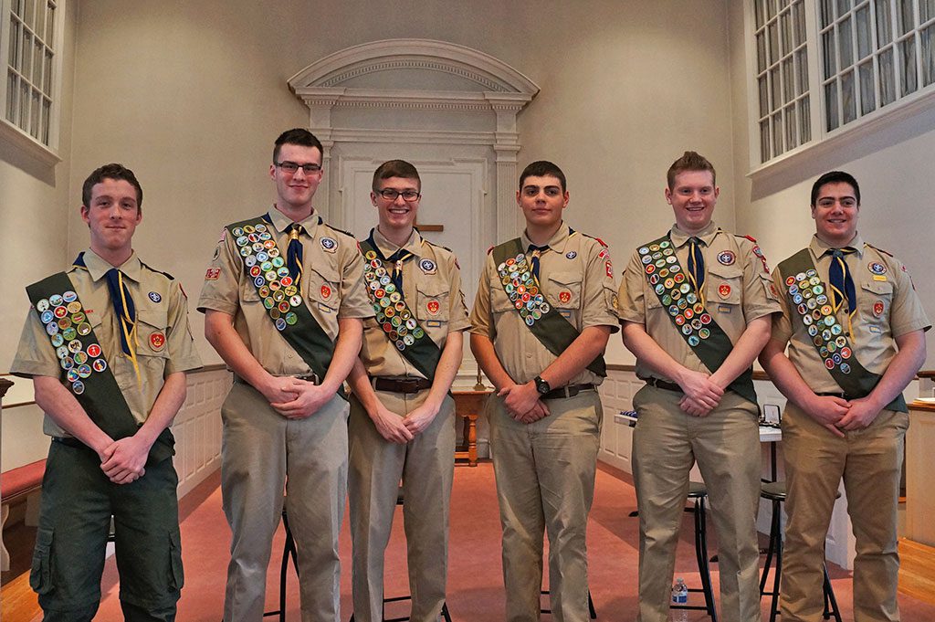 AN EAGLE Scout Court of Honor was held March 15 to celebrate the achievements of six scouts in Lynnfield Troop 48 who have attained the highest rank in Boy Scouting. The new Eagle Scouts are, from left: Kyle Flannery, Ethan Forrest, Sam Forrest, James Meagher, Andrew Moorman and Brandon Troisi. (Courtesy Photo)