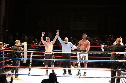 AMONG THOSE who boxed in the February 26 Murphys Boxing Fallen Soldiers event were Brandon Montella from Saugus who beat Ralph Johnson of Worcester in his pro debut. Due to overwhelming success more boxing returns to Memorial Hall on April 10.(Donna Larsson photo)