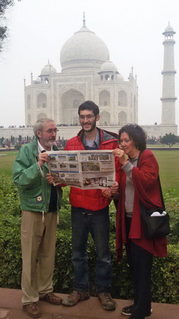 MICHAEL, HAYDEN AND LINELL NESTER recently visited India and spent time at the Taj Mahal catching up on the local news. Linell said that reading material, including books and newspapers, are not allowed in the vicinity because officials frown upon people spending time reading while seated on the benches near the building.
