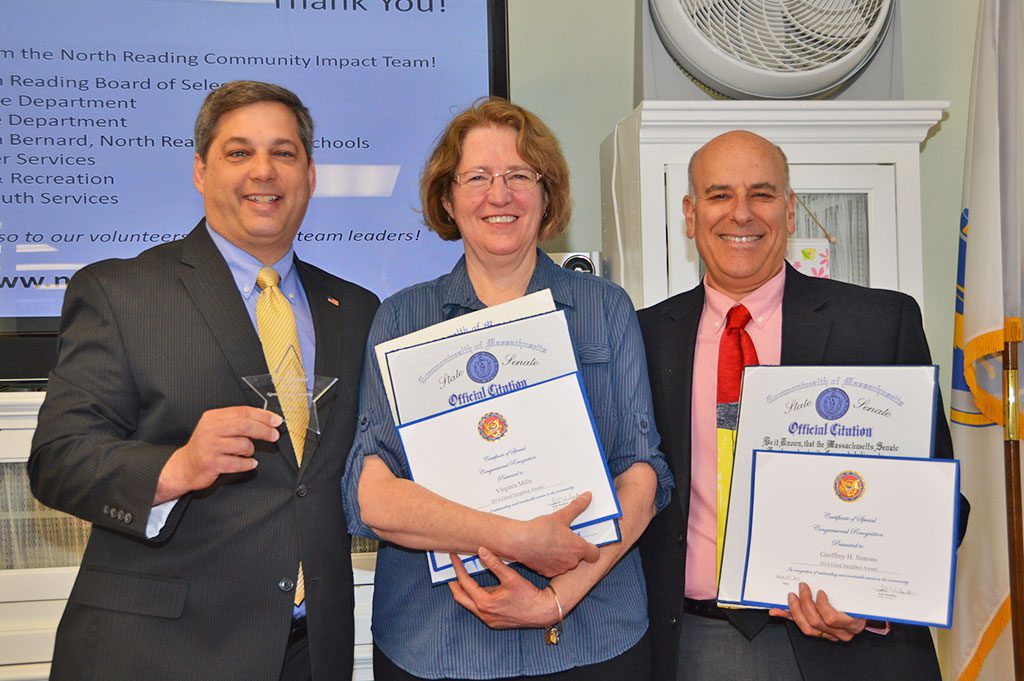 GOOD NEIGHBOR AWARDS. State Senator Bruce Tarr (left)  presented citations and  awards to Ginny Mills and Geof Simons, winners of North Reading’s 2014 Good Neighbor Awards. (Bob Turosz Photo)
