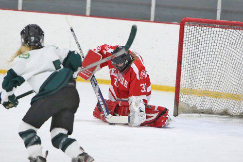 THE JOYRIDE season of the MHS girls’ hockey season came to an end on Saturday, February 28 at the Stoneham Arena when Melrose fell to Austin Prep, 3-0 in the second round of playoffs. One major highlight: Melrose goalie Hannah Aveni, an 8th grader on the varsity team, had more than 25 saves for Melrose. (Donna Larsson photo) 