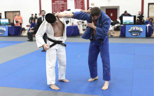 THE 2015 Pedro’s Judo Challenge was held on Sunday, March 8 at the Charbonneau Field House at Wakefield Memorial for martial arts athletes from dojos from around the United States and Canada. In this photo, Max Kafka (in the blue uniform on the right and from Pedro’s Judo Center), gets a grip on Kensuke Moriyama (in the white uniform on the left, also from Pedro’s Judo Center).